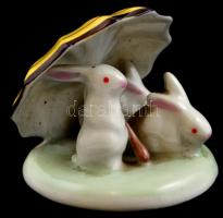 Hollóházi porcelán esernyős nyuszik. Kézzel festett, jelzett, hibátlan, m:  5 cm