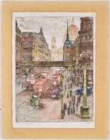 Almásy László (?-): Nagyvárosi forgatag. Színezett rézkarc, papír, jelzett, számozott (19/29), paszp...