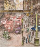 Almásy László (?-): Nagyvárosi forgatag. Színezett rézkarc, papír, jelzett, számozott (19/29), paszp...