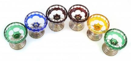 Ezüst (Ag.) talpú ólomkristály pohár, 6 db, színes, jelzett, hibátlan, m: 6 cm