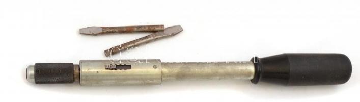 Ratchet screwdriver, régi csehszlovák profi, kihúzható csavarhúzó, 2 db hosszú bittel, eredeti kartondobozában, h: 29 cm