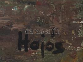 Hajós Hollanda Éva (1935-): Táj tanyával. Olaj, farost, jelzett, fa keretben, 40x60 cm