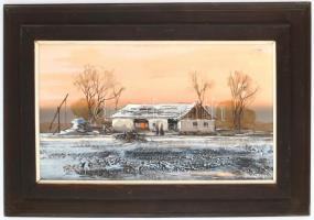 Wárkonyi Gyula (1947-): Téli tanya. Olaj, farost, jelzett, keretben, 30x49,5 cm