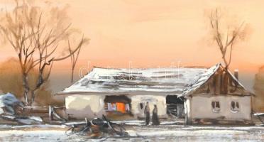 Wárkonyi Gyula (1947-): Téli tanya. Olaj, farost, jelzett, keretben, 30x49,5 cm