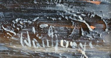 Wárkonyi Gyula (1947-): Téli tanya. Olaj, farost, jelzett, keretben, 30x49,5 cm