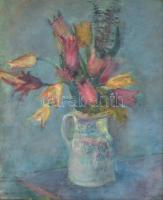 Czinkotay Frigyes (1932-2018): Tulipános csendélet. Olaj, farost, jelzett, hátoldalán a művész névjegyével, üvegezett, kissé sérült fa keretben, 60x50 cm
