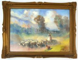 Burchard Bélaváry István (1864-1933): Nyáj. Vegyes technika, karton, jelzett, üvegezett keretben, 29...