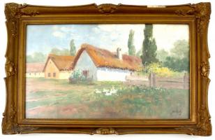 Szentpály Zoltán (?-?): Házsor libákkal. Olaj, falemez, jelzett, üvegezett sérült, régi keretben, 25...