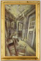 Somos Zsuzsa (1941-): Újpesti régi udvar. Olaj, farost, hátoldalán a művész autográf ajándékozási so...