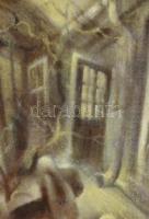 Somos Zsuzsa (1941-): Újpesti régi udvar. Olaj, farost, hátoldalán a művész autográf ajándékozási so...