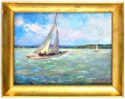 Wéber Gyula (?-?): Balatoni vitorlások. Ola, vászon, jelzett, ajándékozási sorokkal, fa keretben, 31...