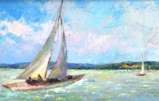 Wéber Gyula (?-?): Balatoni vitorlások. Ola, vászon, jelzett, ajándékozási sorokkal, fa keretben, 31...