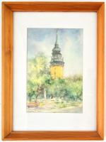 Siskai J jelzéssel: Templomtorony. Akvarell, papír, jelzett. Fa keretben, 19,5×12,5 cm