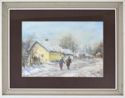 Siska 1995 jelzéssel: Téli séta. Akvarell, papír, jelzett. Fa keretben, 23×33 cm