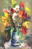 Séday Éva (1929-2011): Virágcsendélet. Olaj, farost, jelzett, fa keretben, 30×20 cm