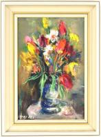 Séday Éva (1929-2011): Virágcsendélet. Olaj, farost, jelzett, fa keretben, 30×20 cm