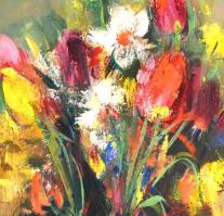 Séday Éva (1929-2011): Virágcsendélet. Olaj, farost, jelzett, fa keretben, 30×20 cm