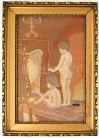 Díszes, üvegezett fa keret, benne goblein, jó állapotban, belső méret: 35×23 cm