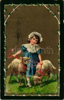 1910 Greeting card with little girl and lambs. litho  (EK)