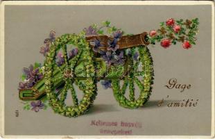 Kellemes húsvéti ünnepeket / Easter greeting art postcard. Cannon with flowers. Emb. litho