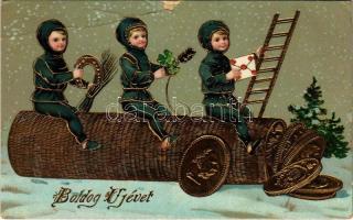 1912 Boldog új évet! / New Year greeting art postcard. Chimney sweepers on coins. Emb. litho (szakadás / tear)