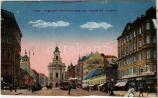 Wien, Vienna, Bécs; Wiedner Hauptstrasse mit Kirche St. Florian, Zahnarzt / main street, church, shops, dentist, tram (Rb)