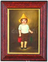 Kalmár jelzéssel: Pecás gyerek. Olaj, fa, kissé sérült fa keretben, 18x13 cm