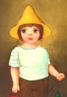 Kalmár jelzéssel: Pecás gyerek. Olaj, fa, kissé sérült fa keretben, 18x13 cm