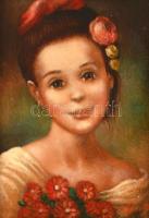 Olvashatatlan jelzéssel: Lány virággal a hajában. Olaj, fa, díszes fa keretben, 18x13 cm