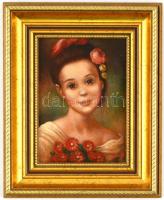 Olvashatatlan jelzéssel: Lány virággal a hajában. Olaj, fa, díszes fa keretben, 18x13 cm