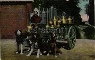 Laitiere Flamande / Flemish dairy, Dutch folklore, dogs, cart with milk