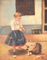 Mille jelzéssel: Tyúkot etető kislány. Olaj, vászon, díszes fa keretben, 50×40 cm