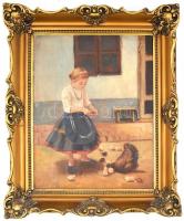 Mille jelzéssel: Tyúkot etető kislány. Olaj, vászon, díszes fa keretben, 50×40 cm