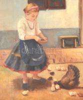Mille jelzéssel: Tyúkot etető kislány. Olaj, vászon, díszes fa keretben, 50×40 cm