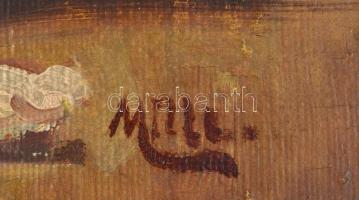 Mille jelzéssel: Tyúkot etető kislány. Olaj, vászon, díszes fa keretben, 50×40 cm