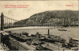 1909 Budapest, Erzsébet híd, Szent Gellért-hegy, rakpart, gőzhajók, villamospálya. Divald Károly műintézete kiadása 1185-1909. (fl)