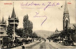 1907 Pécs, Indóház utca, Országos kiállítás főbejárata, lovaskocsik