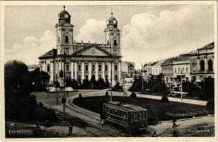 Debrecen, Református Nagytemplom, villamos, üzletek, kerékpár