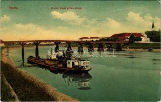 Sziszek, Sisak; Fahíd, "IPOLY" vontató gőzhajó a Kulpa folyón / Drveni most preko Kupe / wooden bridge, tug steamship, Kupa river  (EK)