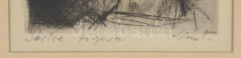 Szász Endre (1926-2003): Sartre figura (portré), rézkarc, papír, jelzett, paszpartuban, üvegezett fa...