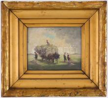 M. Kaufmann (?) 1904 jelzéssel: Betakarítás. Olaj, fa, hátoldalán Szlovák Nemzeti Galéria pecsétjéve...