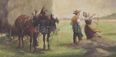 M. Kaufmann (?) 1904 jelzéssel: Betakarítás. Olaj, fa, hátoldalán Szlovák Nemzeti Galéria pecsétjéve...