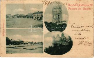 1903 Belényes, Beius; tér, vár, Kohn Salamon és Tóth Andor üzlete / square, castle ruins, shops (EK)