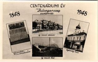 1948 Zalaegerszeg, 1848-1948 Centenáriumi év, újjáépítés, új vasútállomás, Egészségház, üzlet, új vasúti híd, Elhurcoltak emlékműve. Bendly foto