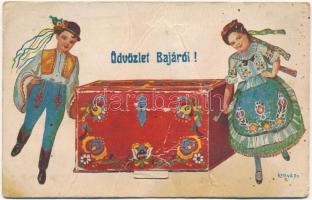 Baja, magyar népviseletes folklór leporellólap, belül: Kamarás-Duna (Sugovica), híd, Nemzeti Szálloda (gyűrődés / crease)