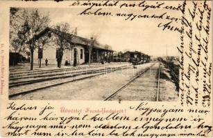 1902 Szentendre, Szent-Endre; vasútállomás és HÉV (Helyiérdekű Vasút) állomás, vasutasok, vonat, létra. Divald Károly 15. sz. (fl)