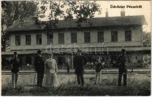 1907 Pécel, Vasútállomás, vasutasok. M.T. és F.V. Koch és Pór 563. (fl)
