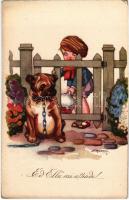 Ed Ella mi attende / Child with dog. Italian art postcard 1918-1. artist signed (EK)