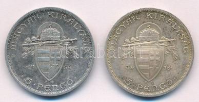 1938. 5P Ag "Szent István" (2x) T:1-,2 patina 
Adamo P8.1