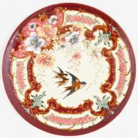 Porcelánfajansz tál, florális-madaras motívummal díszített, kézzel festett, 1890-1910 körül, két számmal (formaszámmal?) jelzett, máz alatti repedésekkel, kopásnyomokkal, alján apró sérülésekkel, d: 36 cm